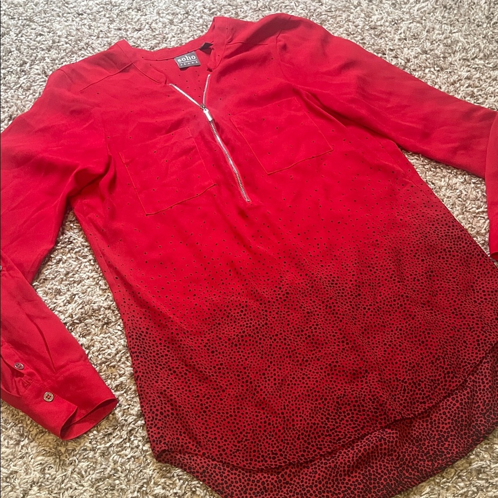 Quarter zip Red Blouse high low hem